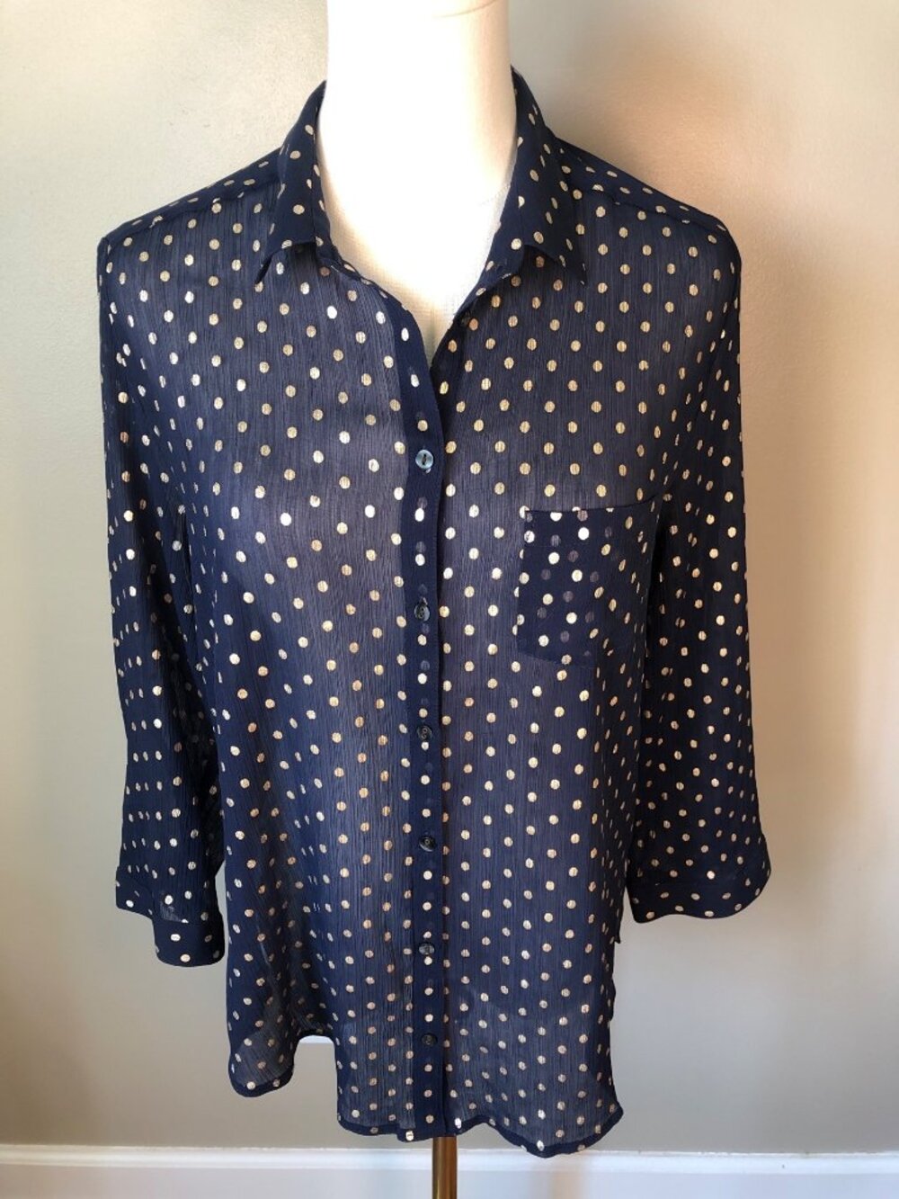 Aerie Whimsical & Sheer Button Front Blouse Navy & Gold Polka Dot Size M